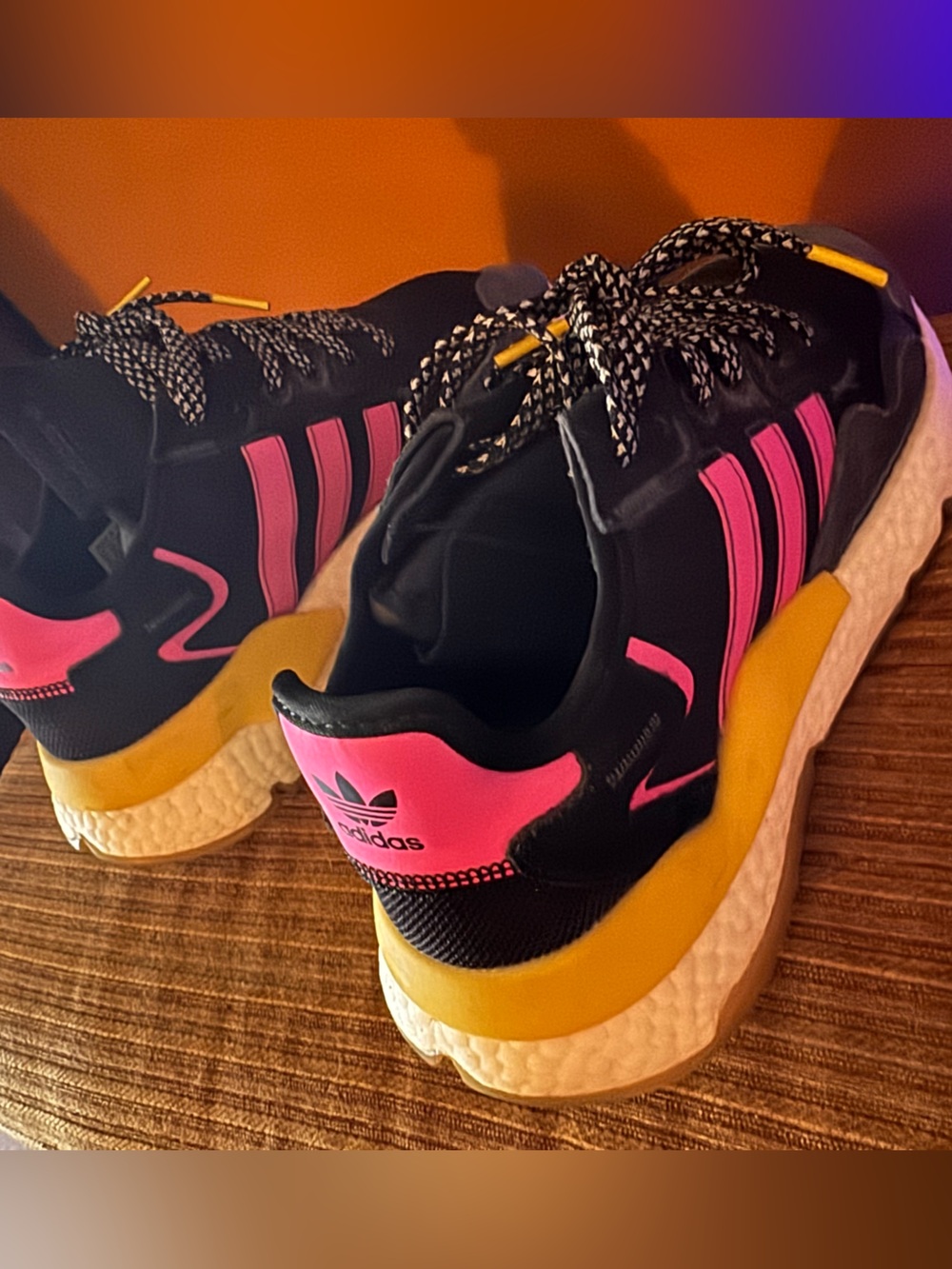 adidas Black Sneakers with Pink Stripes and Yellow Accents